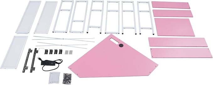 Corner Computer Desk Modern Laptop Desk w/Outlets &amp LED Light Triangle Table w/Storage Shelf Small Space for Home Office Student Dormitories Bedroom Game Room Study Room Workstation (Pink)