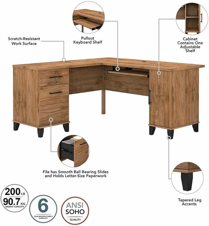 Pemberly Row 60W L Shaped Desk with Storage Engineered Wood Fresh Walnut Finish Adjustable Shelves File Drawer Keyboard Tray Home Office Corner Desk for Computer and Supplies Organization