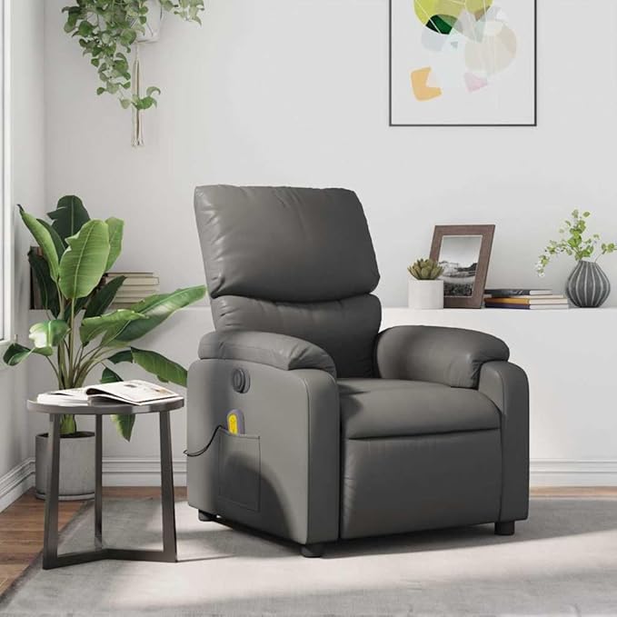 vidaXL Leather Massage Recliner Chair for Living Room Home Theater 6-Point Vibration Massage Adjustable Back &amp Footrest Side Pocket Gray
