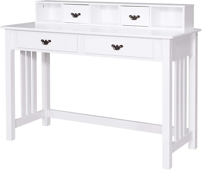 Giantex Writing Desk with 4 Drawer Computer Study Table Removable Floating Organizer 2-Tier Spacious Workstation Home Office Desk Console Table White Vanity Desk