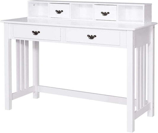Giantex Writing Desk with 4 Drawer Computer Study Table Removable Floating Organizer 2-Tier Spacious Workstation Home Office Desk Console Table White Vanity Desk