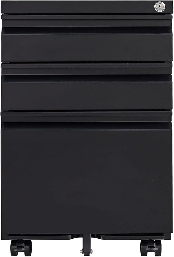 3 Drawer Black File Cabinet with Lock Under Desk Storage Filing Cabinets with Wheels Small Rolling Metal Office Cabinet for Home Office Legal Letter and A4 Files