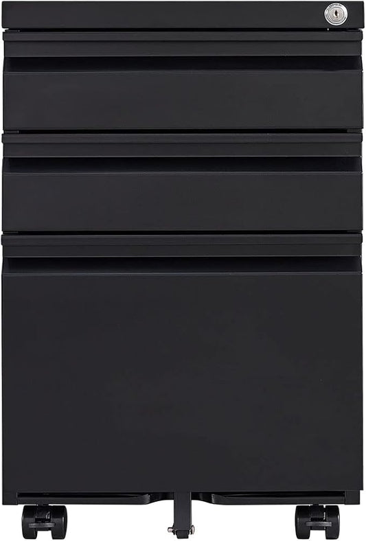 3 Drawer Black File Cabinet with Lock Under Desk Storage Filing Cabinets with Wheels Small Rolling Metal Office Cabinet for Home Office Legal Letter and A4 Files
