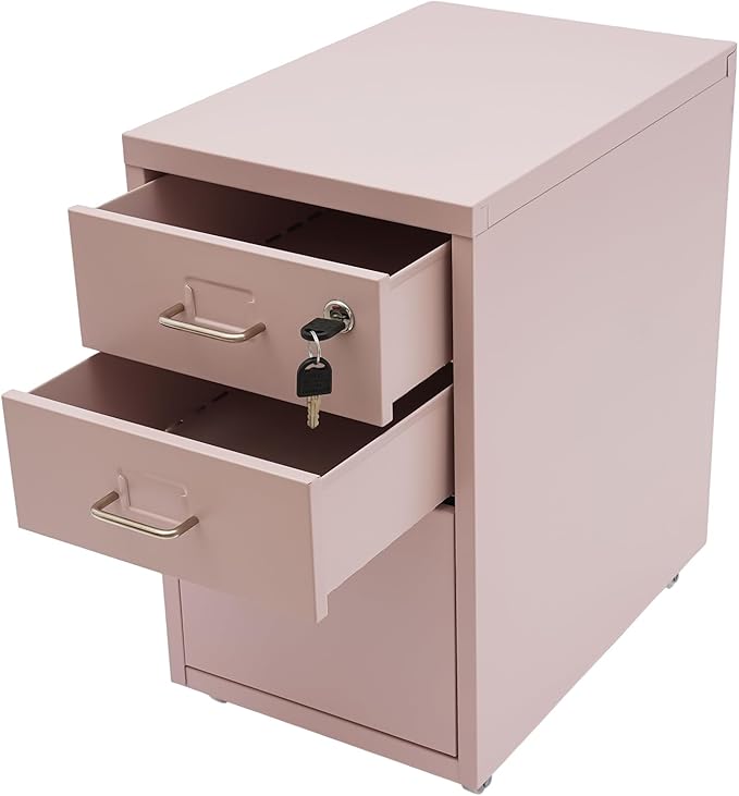 File Cabinet 3 Drawer Mobile Metal Storage Cabinets with Lock and Wheels Vertical Filing Cabinet Under Desk Document Classification Organizer for Office Home Study Dresser (Pink)