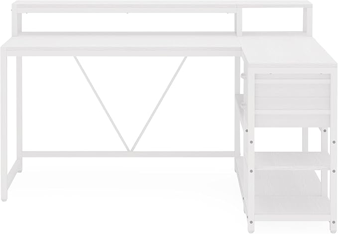 47'' L Shaped Gaming Desk with Power Outlets Reversible Corner Computer Desk with Monitor Stand Storage Shelves Side Bag Home Office Desks for Home Office Gaming (White 55 Inch)