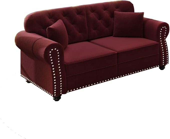 Burgundy Velvet Sofa with Button-Tufted Back &amp Nailhead Trim Mid-Century Chesterfield Style 63 Upholstered Loveseat Couch Rolled Arm Design with 2 Decorative Pillows