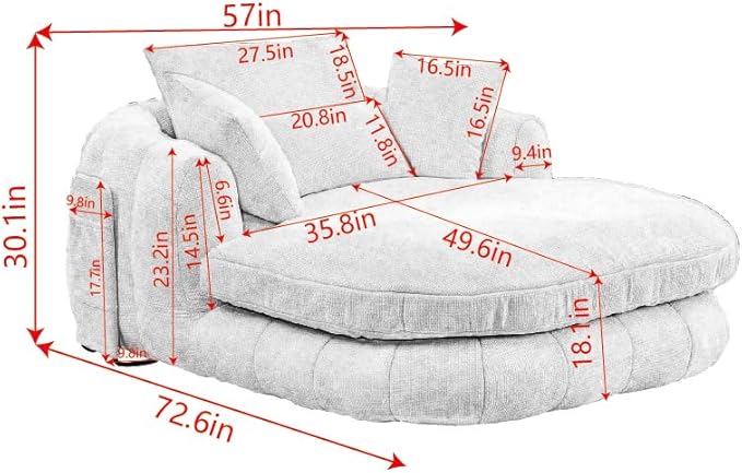 Oversized Chaise Lounge Indoor Deep Seat Boneless Sofa Bed with Throw Pillows Plush Chenille Fabric No Assembly Required Comfy Sleeper Sofa for Living Room Bedroom (Blue with Pocket)