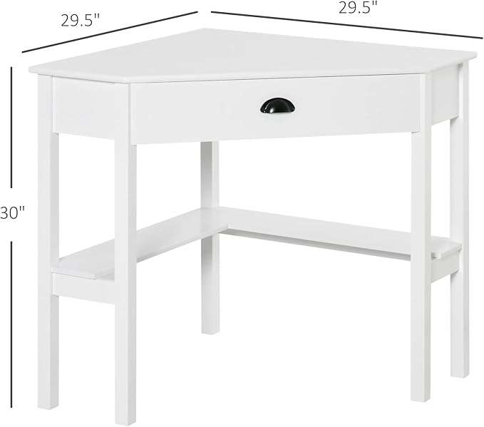 HOMCOM Corner Desk Triangle Computer Desk with Drawer and Storage Shelves for Small Spaces Home Office Workstation for Living Room or Bedroom White
