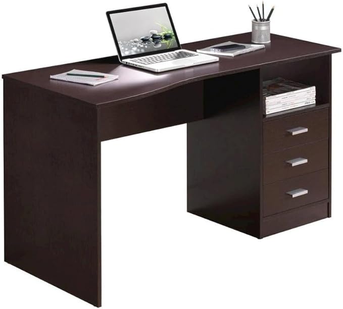 Brown Wood Desk with Storage Featuring 3 Drawers Under Table Shelf Contoured Top for Home Office Use As Writing Desk Or Computer Workstation