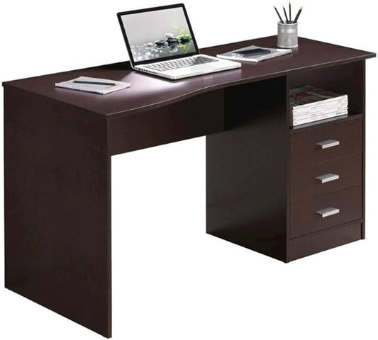 Brown Wood Desk with Storage Featuring 3 Drawers Under Table Shelf Contoured Top for Home Office Use As Writing Desk Or Computer Workstation