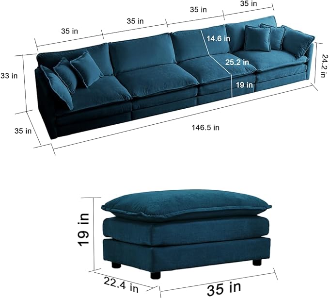 146.5 Sectional Sofa for Living Room Modular U Shaped Sectional Sofa with Reversible Ottoman and Pillows Free Combination Modular Sofa for Living RoomBlue