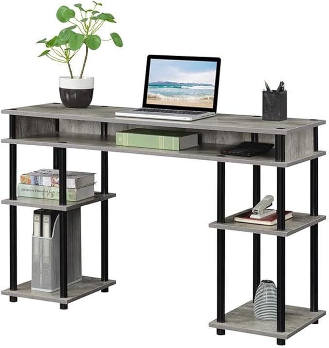 Pemberly Row No-Tools Student Desk 47.25 in x 15.75 in x 30 in Light Gray Wood Finish Particle Board and Stainless Steel Multiple Shelves Easy Assembly Modern Home Office or Dorm Workspace Desk