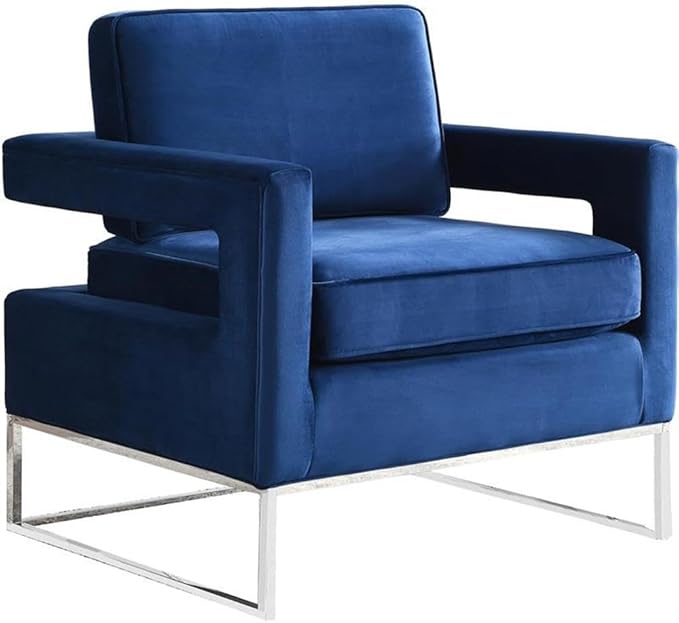 Pemberly Row Upholstered Navy Velvet Accent Chair Contemporary Design Stainless Steel Legs with Chrome Finish Solid Wood Frame High-Density Foam Seat 33.5 W x 29.5 D x 35.5 H Living Room