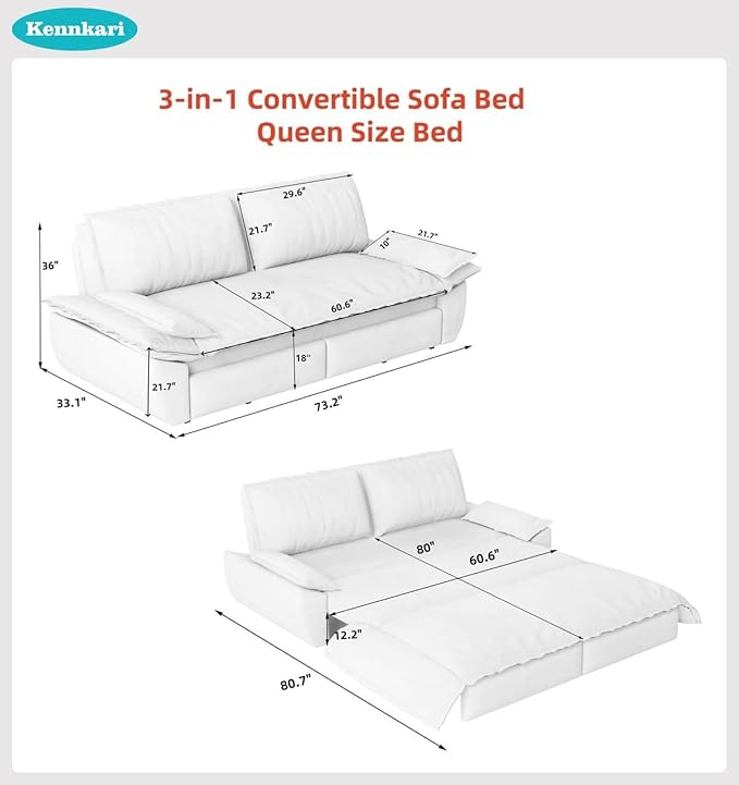 73.2 Queen Size 3-in-1 Convertible Pull Out Sofa Bed with Wheels Multi-Functional Velvet Loveseat Bed for Living Room and Bedroom (Pink)