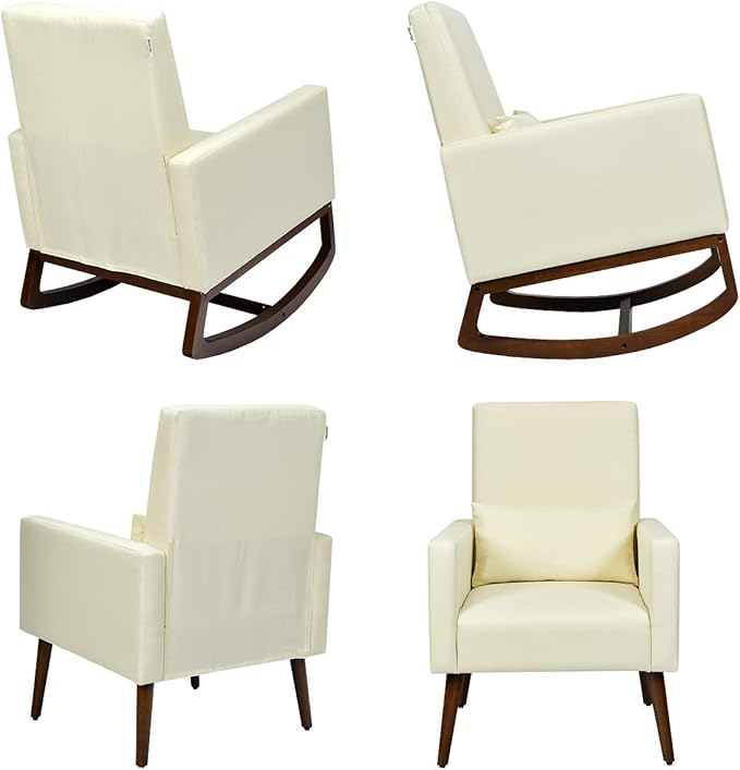 Giantex Upholstered Rocking Chair Modern High Back Armchair Comfortable Rocker with Fabric Padded Seat Waist Pillow and Wood Base Accent Chair for Nursery Living Room Bedroom Office Beige