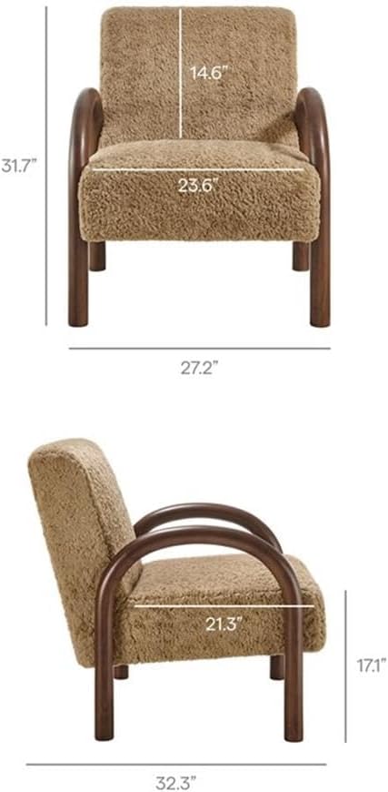 MAKLAINE Contemporary Faux Shearling Accent Armchair Sand Upholstery Solid Wood Frame Arched Armrests High Resiliency Foam Cushion Modern Design for Living Room or Bedroom