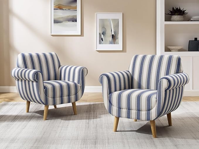 VANOMi Mid-Century Accent Chair with Stripe Pattern Modern Linen Fabric Armchair with Wood Legs Club Chair for Living Room Comfy Upholstered Side Chairs for Bedroom Reading Small Place (Navy)