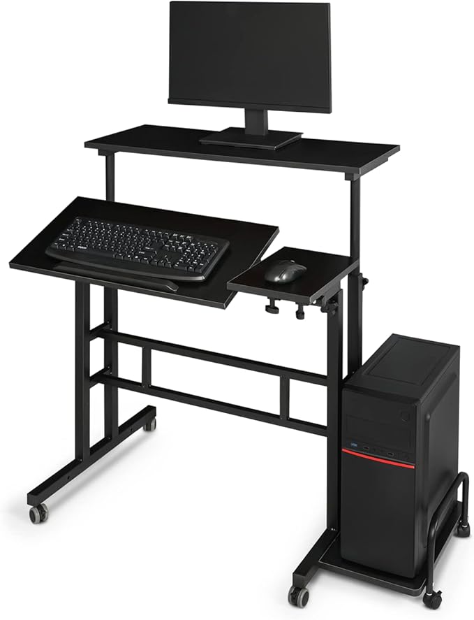 Magshion Standing Desk with Wheels Height Adjustment from 28 to 45 Sit to Stand Up Mobile Computer Desk Rolling Laptop Cart for Home Office Walking Pad Writing and Gaming Black