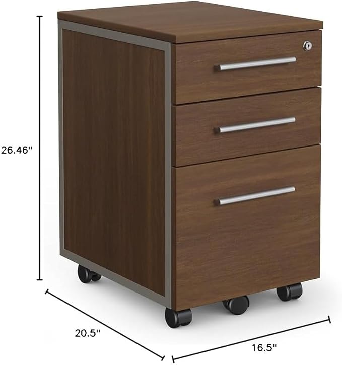 NBF Office Files Pedestal Cabinet - 3 Drawer File Cabinet with Lock - Laminate Office Filing Cabinets - Modern Mobile File Cabinet Document Storage (26 H Dark Walnut)