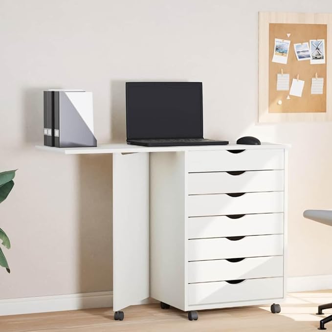Foldable Design Rolling Cabinet with 7 Storage Drawers Modern Design Mobile Home Office Study Writing Desk with Smooth Wheels Space Saving Compact Desk-888