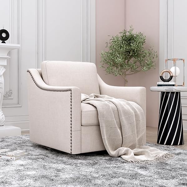 Upholstered Swivel Barrel Chair 31 Wide Modern Fabric Ergonomics Single Sofa Chair Living Room Bedroom Accent Chair Comfy Club Swivel Chair (Cotton Linen White)
