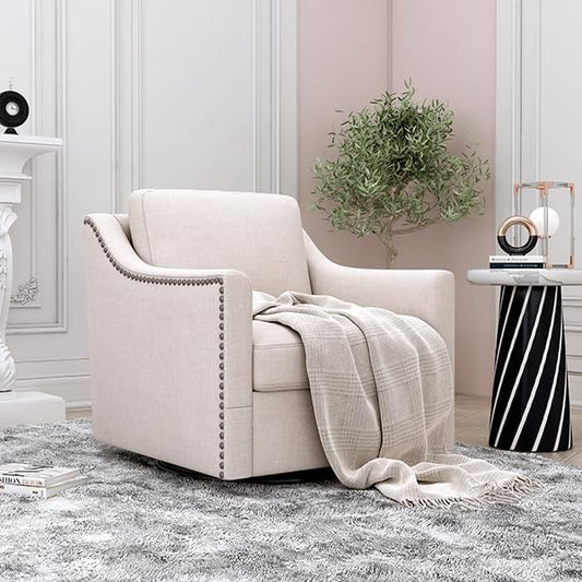 Upholstered Swivel Barrel Chair 31 Wide Modern Fabric Ergonomics Single Sofa Chair Living Room Bedroom Accent Chair Comfy Club Swivel Chair (Cotton Linen White)