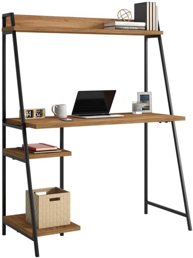 Pemberly Row Mid-Century Engineered Wood Computer Desk Sindoori Mango/Brown Finish 43 in Wide 54 in Tall Durable Metal Frame with Hutch Modern Small Office Desk for Home or Workspace