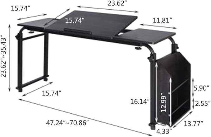 71in Cross-Bed Computer Desk with Wheels &amp Adjustable Height &amp Length &amp Side Storage Shelf Overbed Standing Table Laptop Desk Cart Cross Bed Rolling Desk for Home Office
