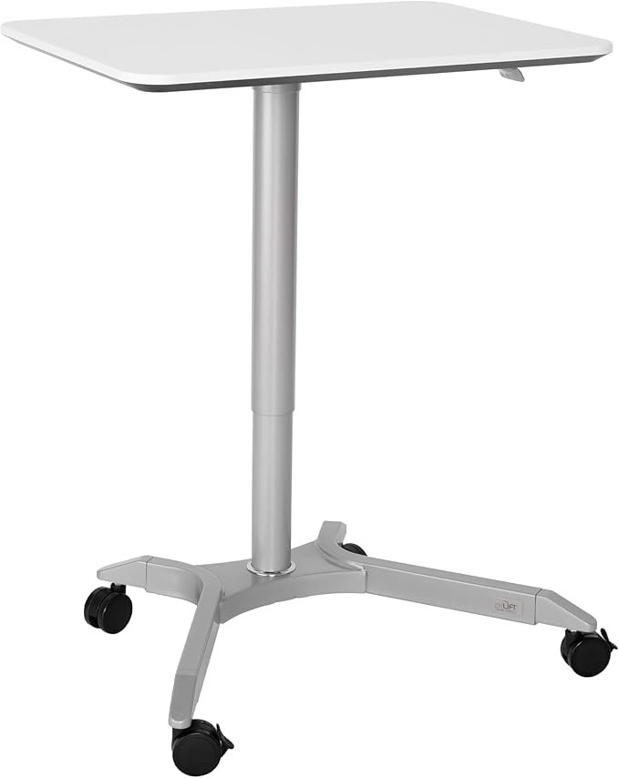 Seville Classics Airlift Height Adjustable Pneumatic Laptop Sit Stand Desk Mobile Rolling Cart Computer Workstation for Home Office Classroom White 28 Premium Desktop (New Model)