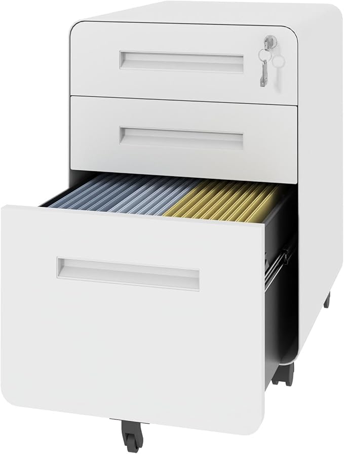 3 Drawer Mobile File Cabinet with LockUnder Desk Metal Filing Cabinets for Home Office Organizer Letters/Legal/A4 Fully Assembled (White+1)