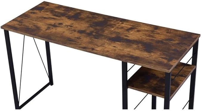 Bowery Hill Wooden Top Writing Desk 47W x 19D x 28H Weathered Oak and Black Finish Particle Board and Metal 2 Open Shelves Reverse V-Shaped Support Rustic Industrial Style Home Office Desk