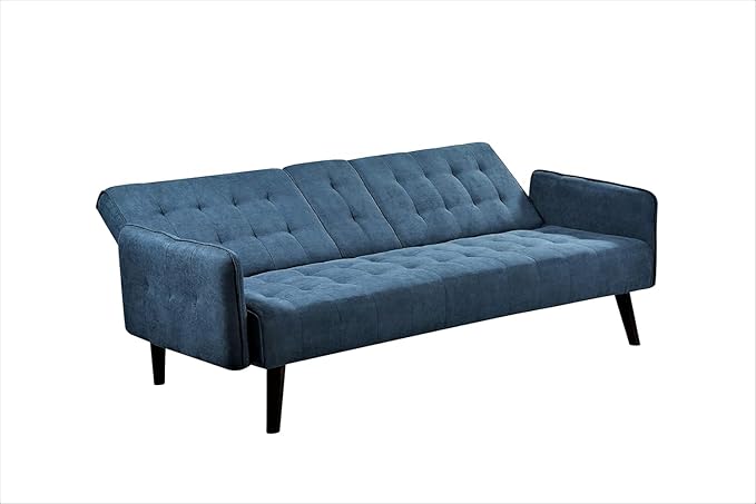 Leno 72 Sleeper Sofa Bed - Convertible Folding Backrest to Full Bed with Cup Holder &amp Drop-Down Table - Space Saving Linen Sofa for Small Spaces - Easy Assembly Blue