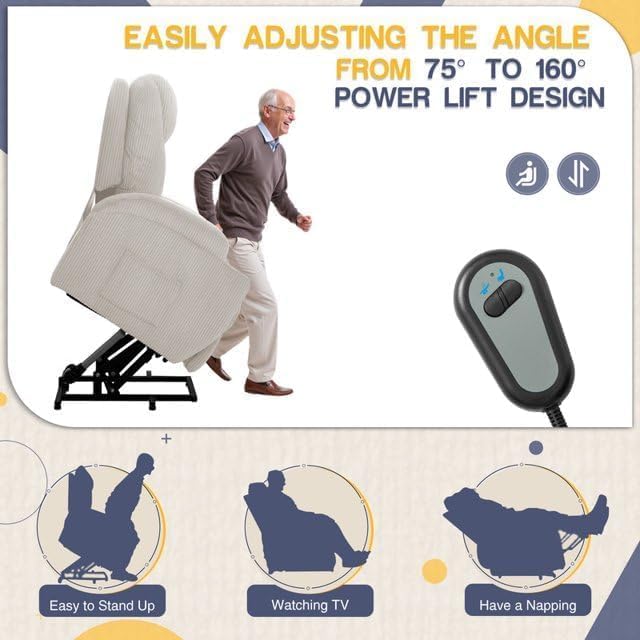 Furmax Electric Power Lift Recliner Chair with Massage for Elderly Corduroy Fabric Recliner Single Sofa with Cup Holders Side Pockets and Remote Control for Living Room Bedroom (White)