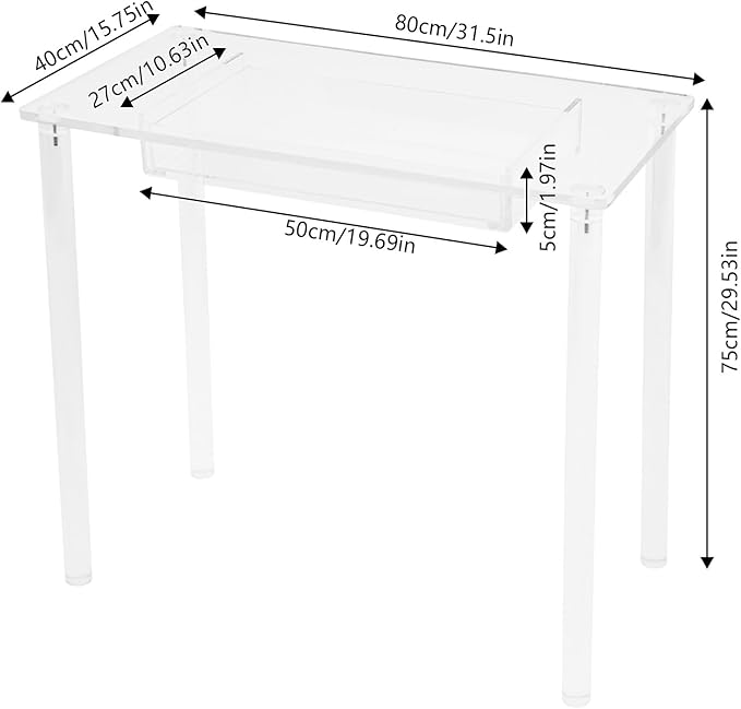 Acrylic Makeup DeskClear Computer DeskFree Standing Makeup Table with Drawer31.50 * 29.53 * 15.75 inch Modern Study Writing Table for Home Office
