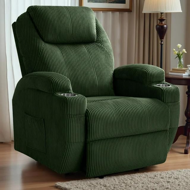 Furmax Electric Power Lift Recliner Chair with Massage for Elderly Corduroy Fabric Recliner Single Sofa with Cup Holders Side Pockets and Remote Control for Living Room Bedroom (Green)