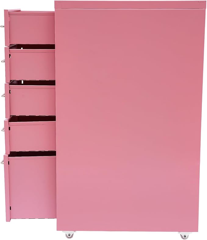 Metal File Storage CabinetSide Storage OrganizerFreestanding Storage UnitMetal Garage Storage DrawerStorage Cabinet with 5 Drawers and Wheels for OfficeHomeSchoolPink11 * 16.1 * 27.1in