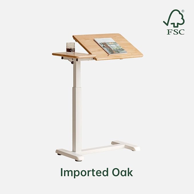Height Adjustable Bedside Desk 100% Solid Wood Overbed Table with Wheels Rolling Laptop Table for Home Office Study Bedroom