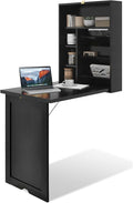 Wall Mounted Desk Fold Out Convertible Desk with Storage Shelves Space Saving Wall Folding Table Home Office Floating Desks for Small Spaces (Black)