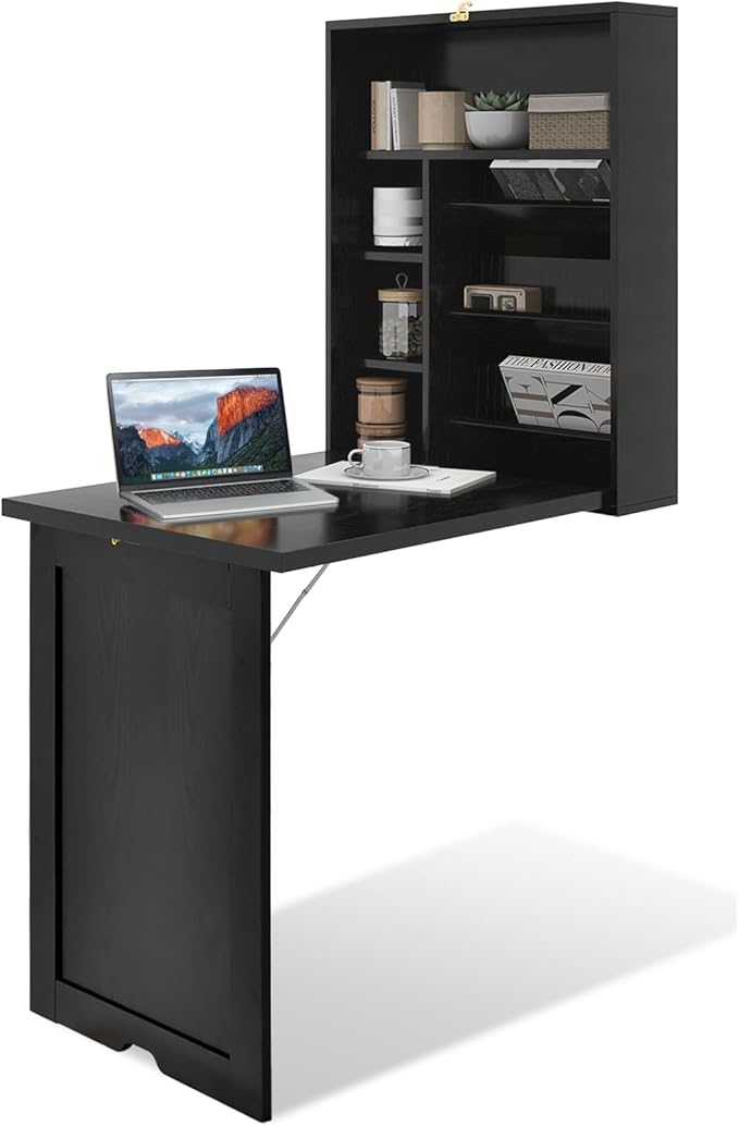 Wall Mounted Desk Fold Out Convertible Desk with Storage Shelves Space Saving Wall Folding Table Home Office Floating Desks for Small Spaces (Black)