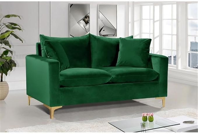 Meridian Furniture Naomi Collection Modern | Contemporary Green Velvet Upholstered Loveseat with Stainless Steel Base in a Rich Gold or Chrome Finish 58 W x 33.5 D x 30 H
