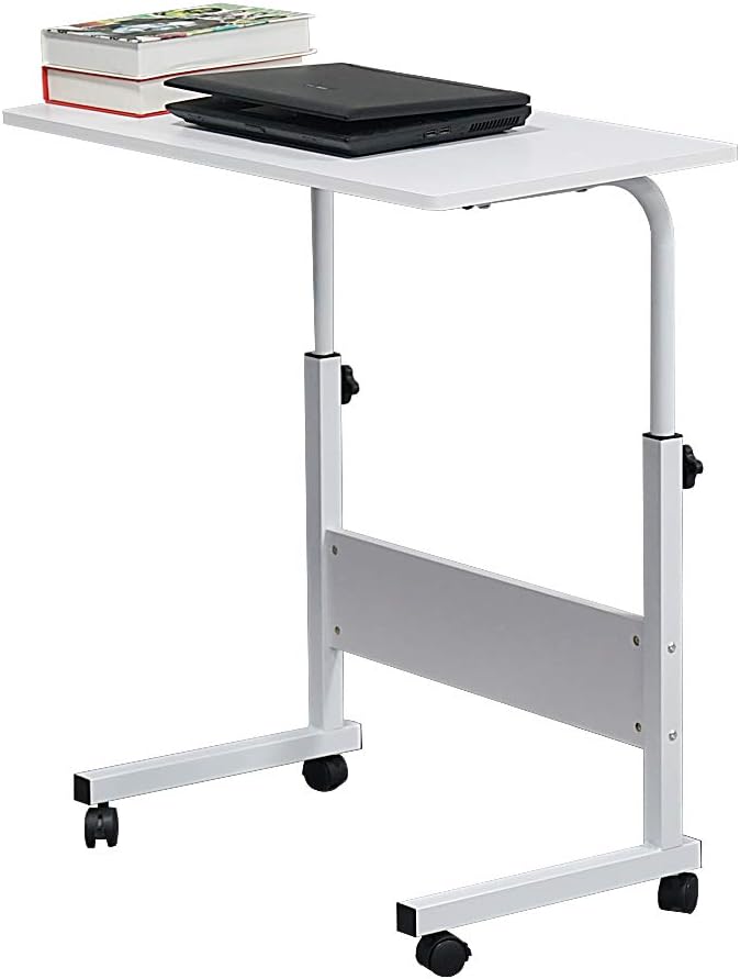 Wooden Adjustable Height Portable Laptop DeskMobile Rolling Computer DeskSofa Bedside Laptop TableHome Office Laptop Workstationwith Wheelsfor Small Spaces Bedroom Apartment (White)