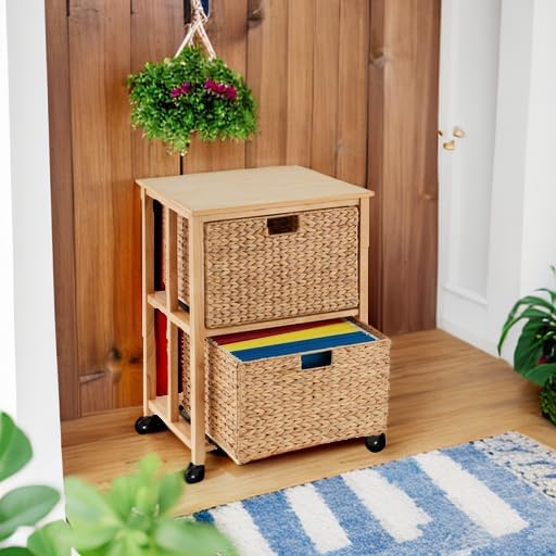 Best Choice Products Vertical Rolling File Cabinet Multipurpose Portable Water Hyacinth Basket Organizer for Home Office Workspace w/Rubberwood Frame Metal Sliders Locking Caster Wheels - Natural