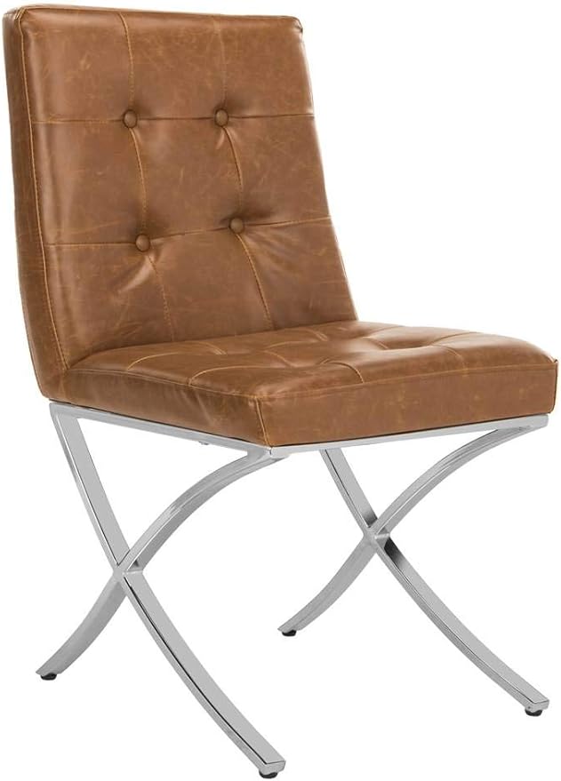 Safavieh Home Walsh Light Brown Faux Leather and Chrome Tufted Side Chair
