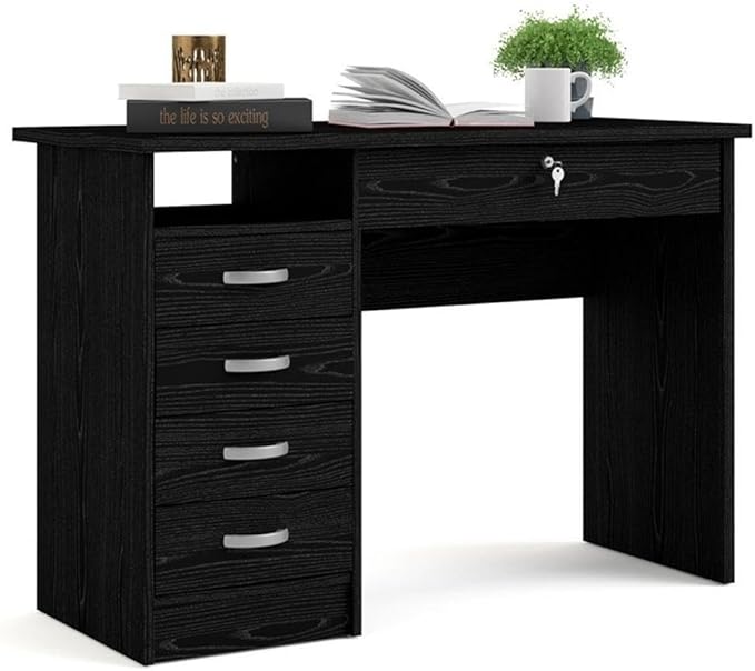 Pemberly Row Contemporary Desk with 5 Drawers Black Woodgrain Foil Finish 43 in x 19 in x 30 in Lockable Large Drawer Metal Glides Engineered Wood Home Office or Living Room Minimalist