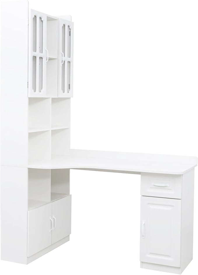 L-Shaped Corner Computer Desk with Bookshelf and Hutch Home Office Desk with Drawer Storage Cabinets Open Shelves and Drawer Work Desk for Bedroom Living Room Anti-Tip Device (White)
