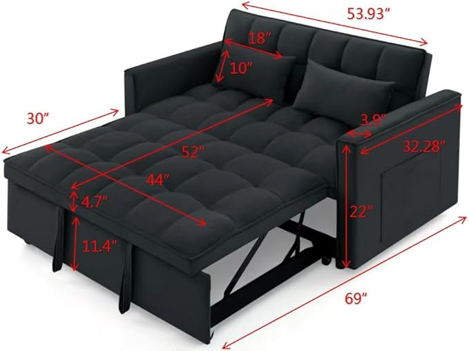 KEIKI 54.33 Pull-Out Sofa Couch Bed 2 in 1 Convertible Velvet Sleeper Sofa with Adjustable Back for Apartment Living Room Black