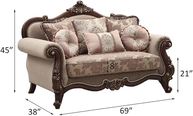 Acme Mehadi Upholstery Rolled Arm Loveseat with Queen Leg in Walnut