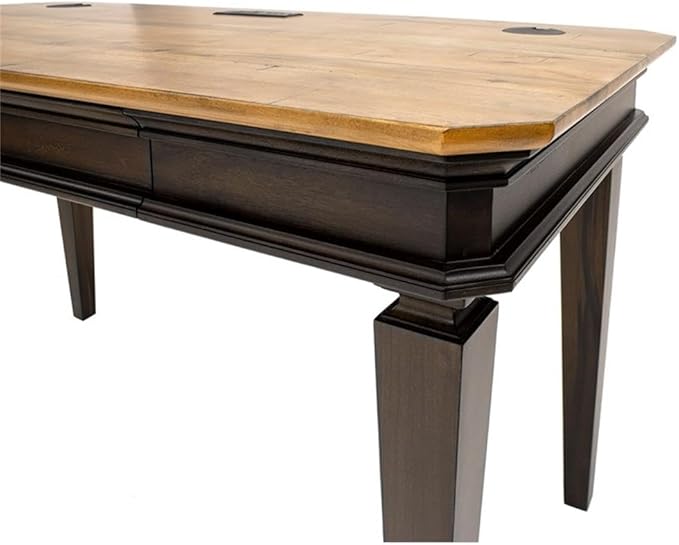 Pemberly Row Executive Writing Desk 54 in Wood Top Brown Finish Antique Bronze Hardware Dropfront Keyboard Drawer USB/AC Power Center Finished on All Sides Home Office Desk