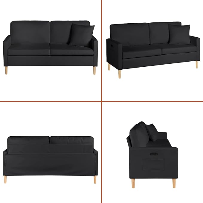 AILEEKISS 66 W Loveseat Sofa with 2 USB Mid Century Modern Love Seats PU Leather Furniture Tufted Upholstered Love Seat Couch for Living Room Office Apartment Bedroom (3-Seater Black)