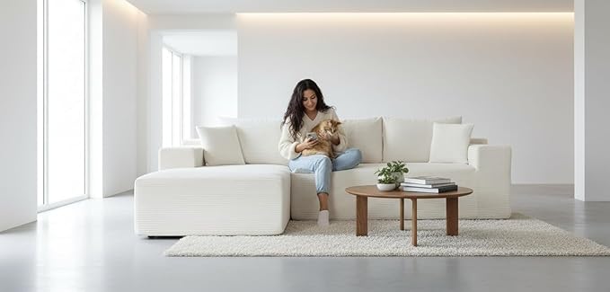 Ridge 2-Piece Convertible Corduroy L-Shaped Sofa in a Box with Pillows 3-Seater Modular Sectional Couch Compressed Living Room Furniture Beige (Left Facing)